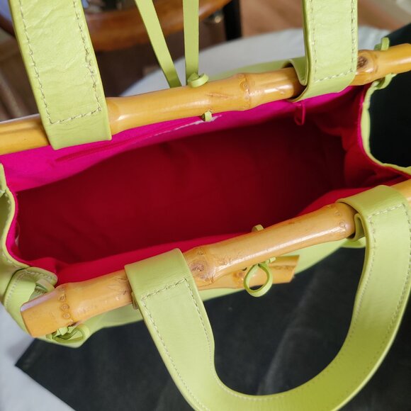 Hype Genuine Leather Bamboo Satchel Bag ~Gorgeous Lime Green Color - Picture 6 of 13